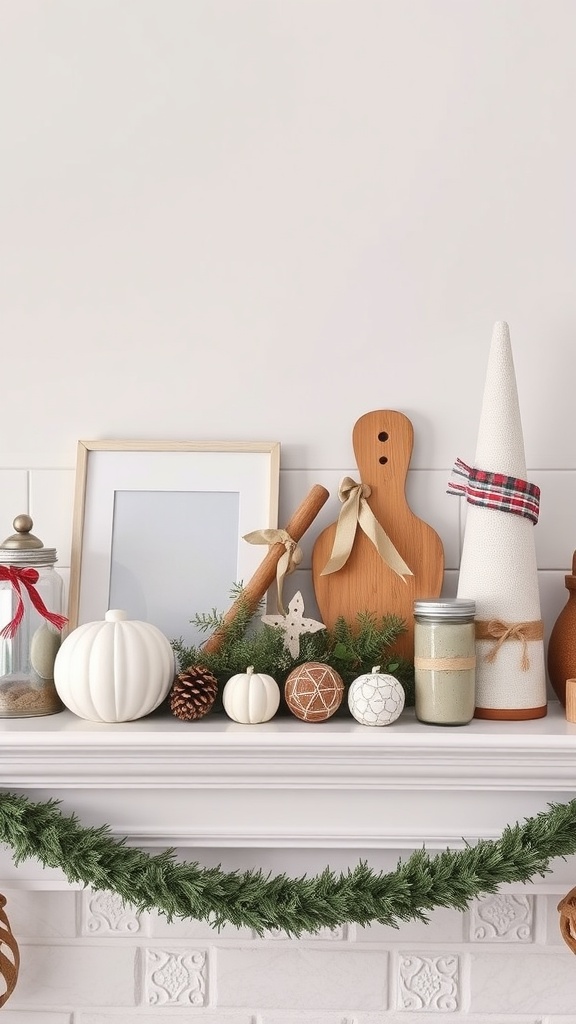 Seasonal decor on a mantel featuring pumpkins, wooden kitchen items, and greenery.