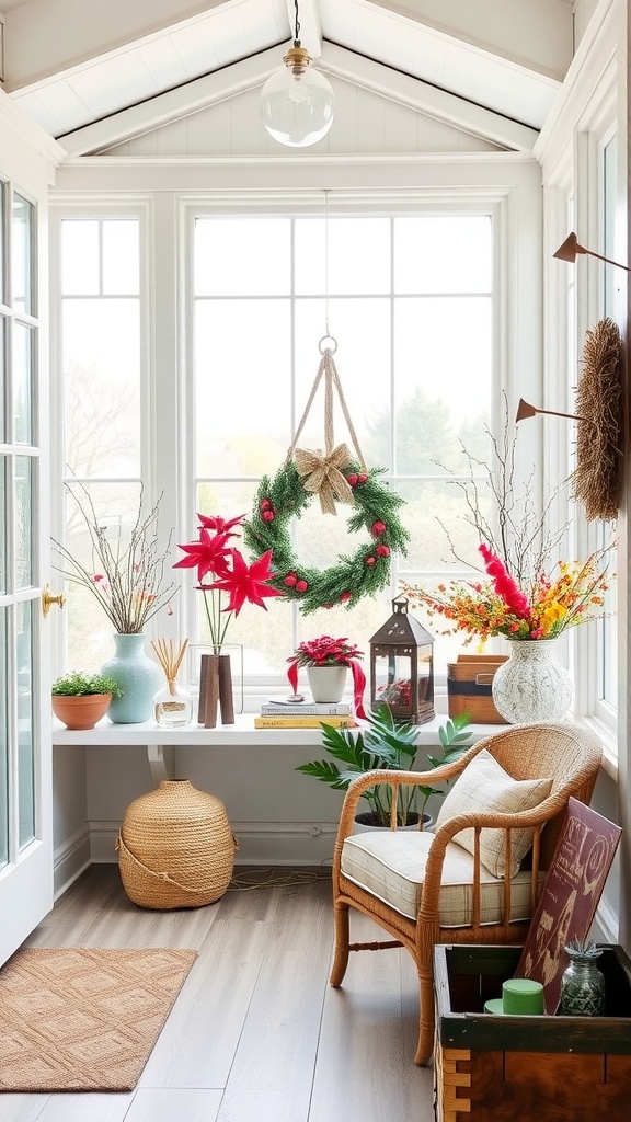 A cozy sunroom decorated for the season with a wreath, plants, and comfortable seating.
