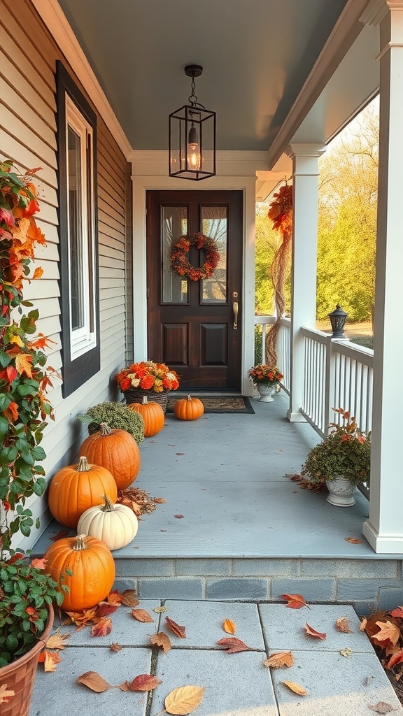 A cozy front porch decorated with pumpkins and fall flowers
