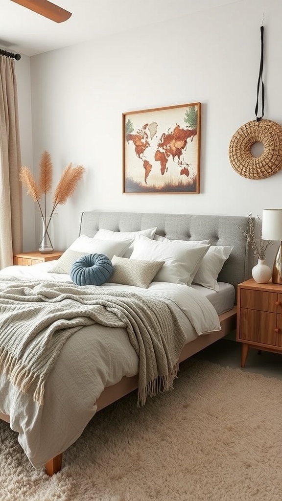 A cozy modern bedroom featuring a light color palette, a comfortable bed with pillows, and seasonal decor elements.