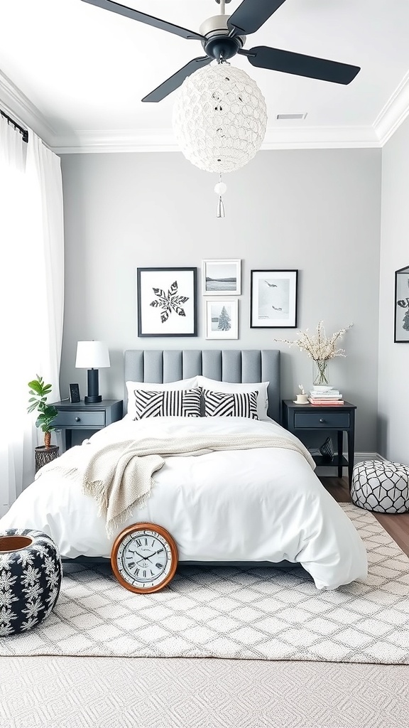 A modern black and white bedroom with a cozy bed, gray walls, and stylish decor.