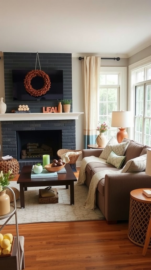 Cozy living room with seasonal decor elements, including a wreath, warm-toned furniture, and natural accents.
