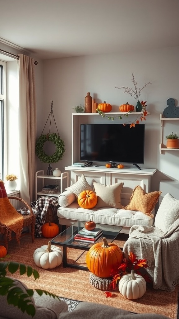 Cozy living room decorated for fall with pumpkins and warm textiles
