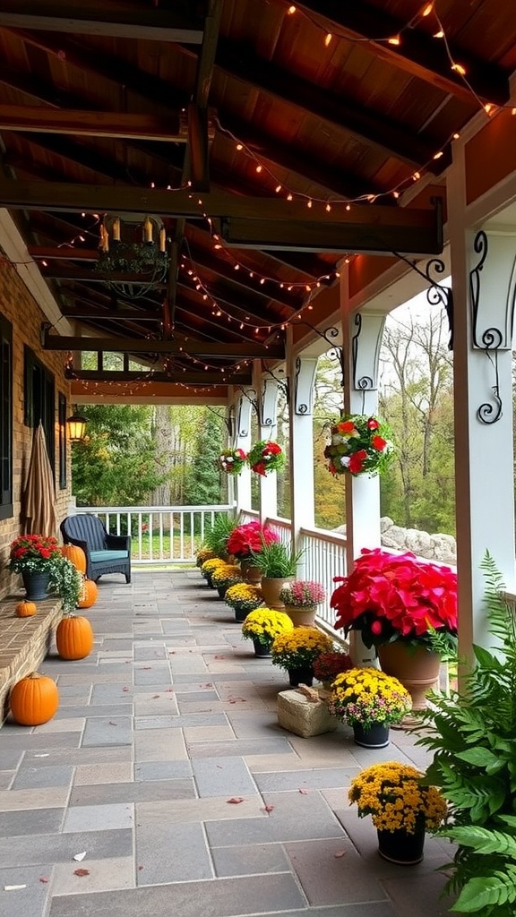 A covered back patio decorated with colorful flowers, pumpkins, and string lights.