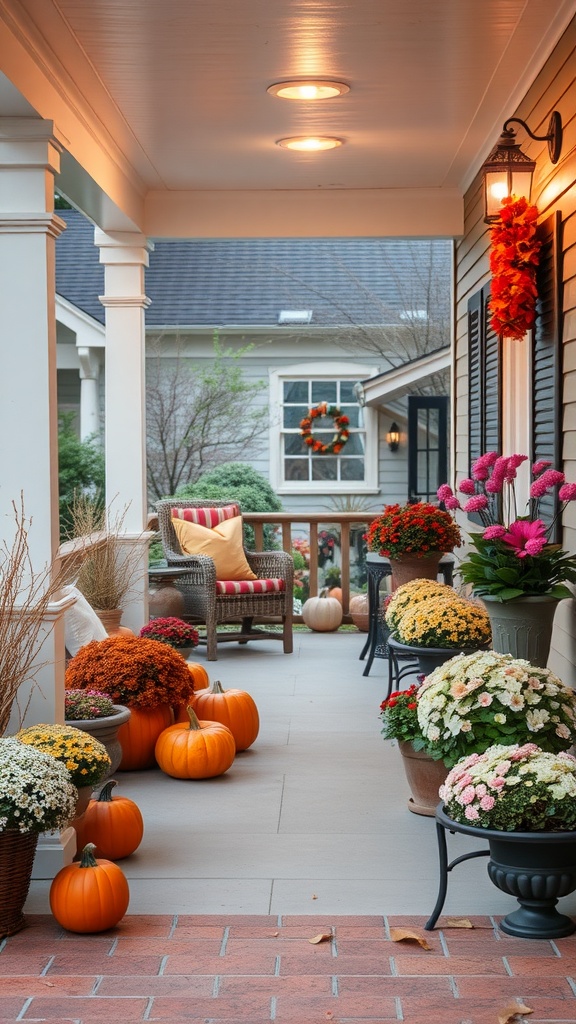 A beautifully decorated back porch for autumn with pumpkins and colorful flowers.