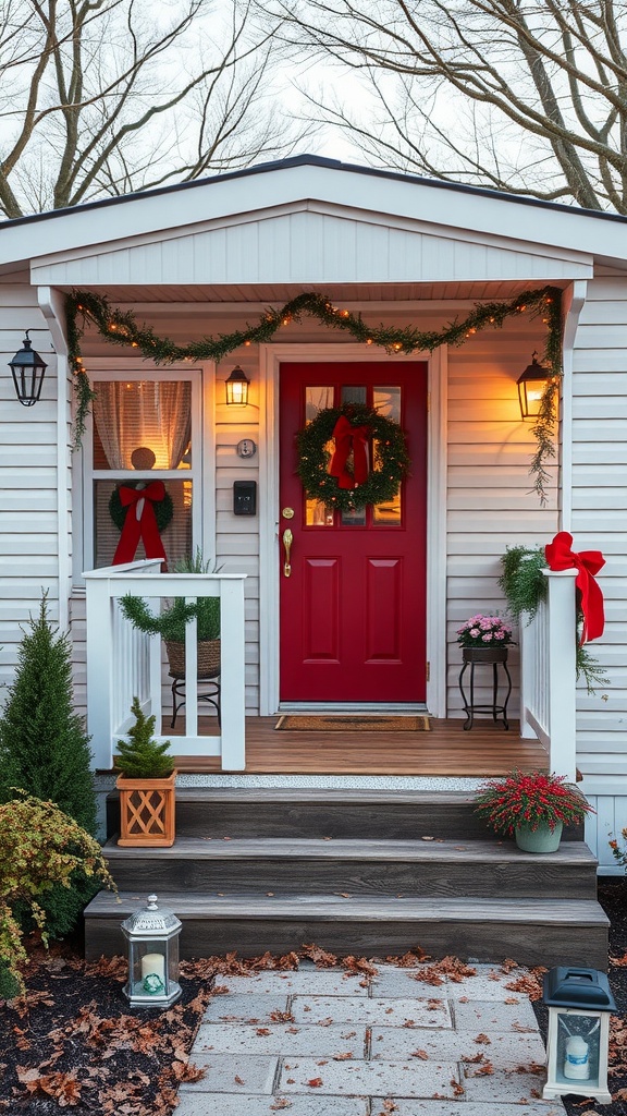 A mobile home back porch decorated with a red door, wreath, and seasonal plants.