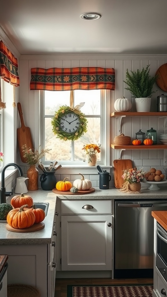 Cozy apartment kitchen decorated for autumn with pumpkins and floral arrangements.