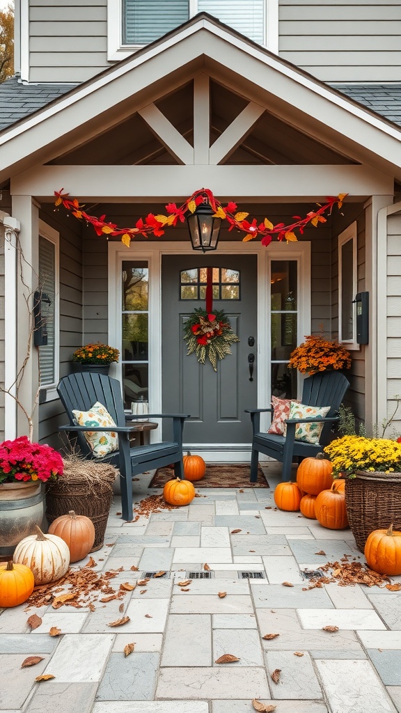 A cozy fall-themed patio with pumpkins, flowers, and seasonal decorations.