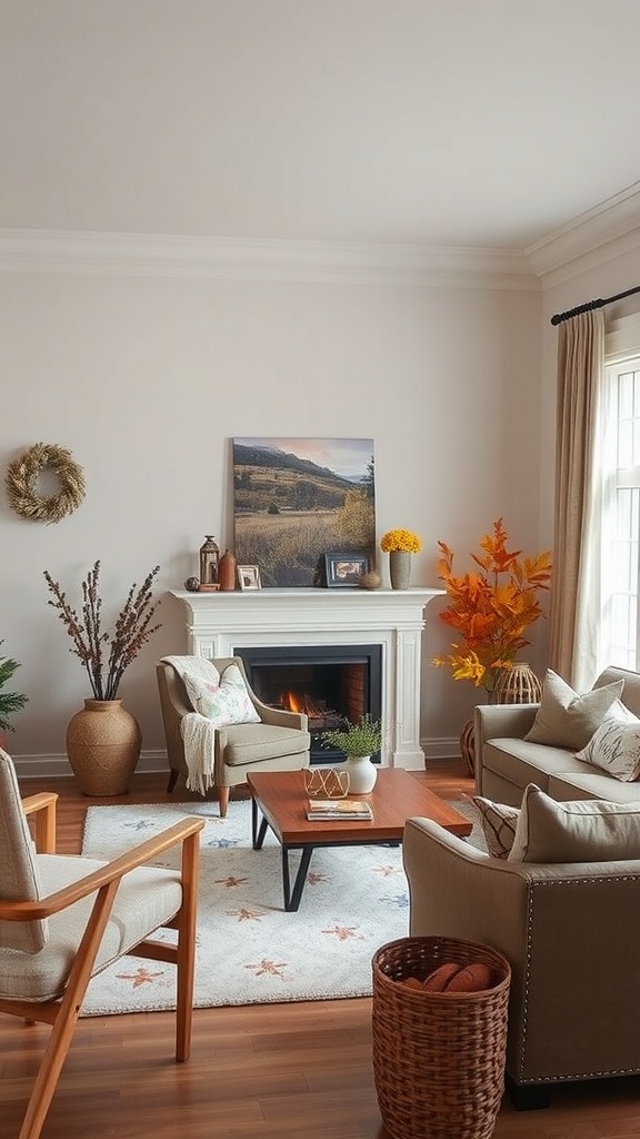 A cozy living room with seasonal decor featuring a fireplace, comfortable seating, and autumn-themed decorations.