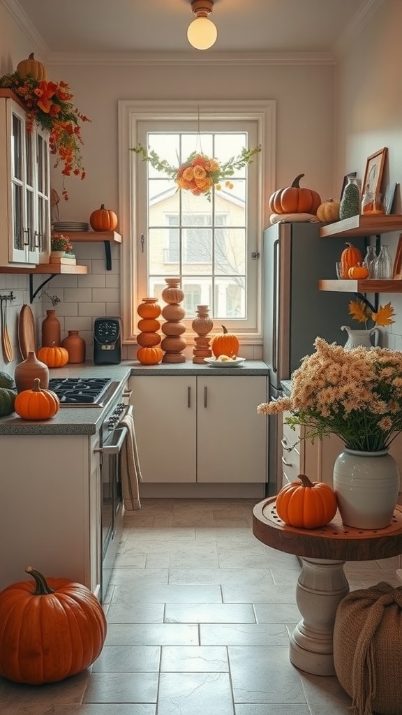 A cozy kitchen decorated with pumpkins and flowers, showcasing a seasonal autumn theme.