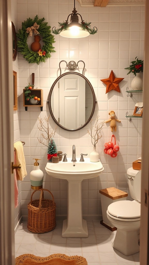 A cozy and festive bathroom decorated for the season with a wreath, star, and colorful accents.