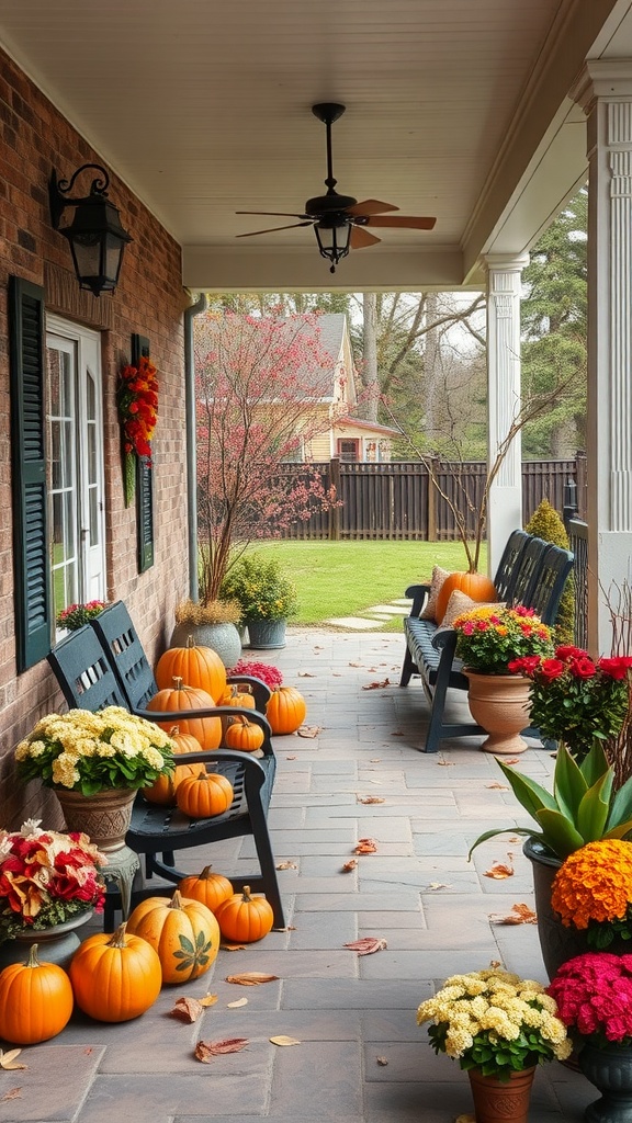 A cozy backyard patio decorated with pumpkins and colorful flowers for fall.