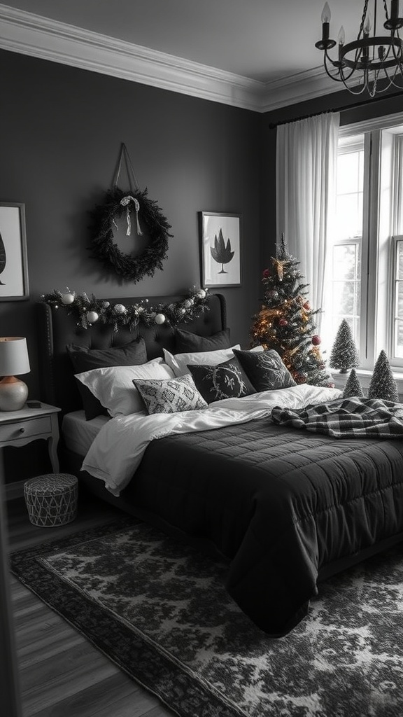 Cozy black and white bedroom with seasonal decor including a wreath and a small Christmas tree.