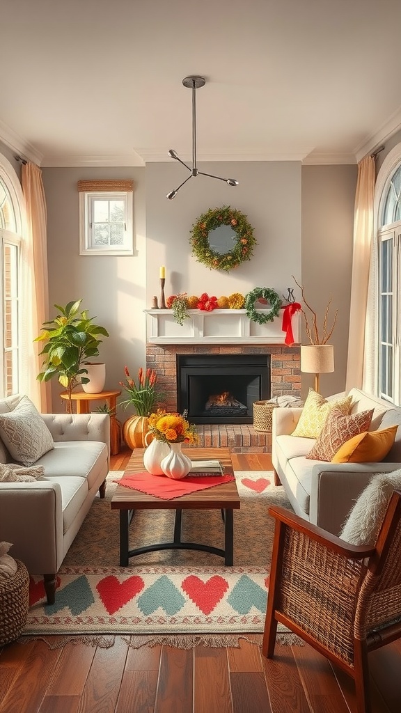 A cozy living room decorated for winter with a wreath, warm colors, and floral arrangements.