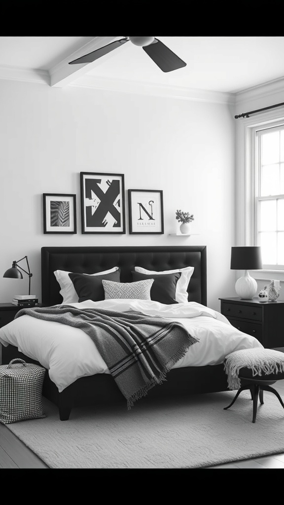 A stylish black and white bedroom featuring a black bed frame, white bedding, and seasonal decor elements.