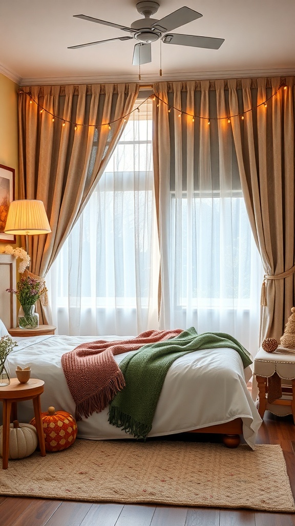 Cozy bedroom with blackout curtains, string lights, and seasonal decor