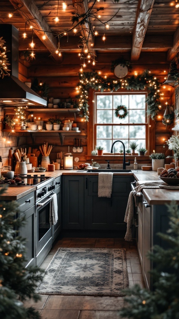 Cozy cabin kitchen decorated with twinkling lights and pine cones.
