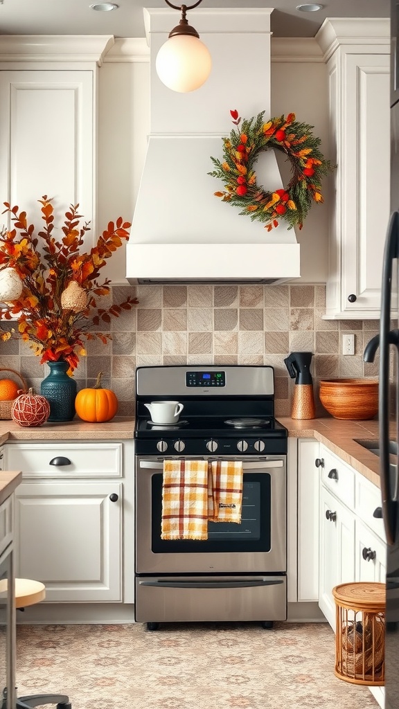 A cozy kitchen decorated for autumn with a wreath, pumpkins, and warm colors.