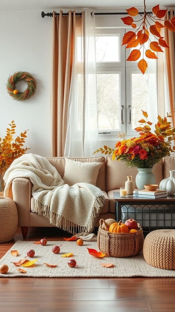 A cozy living room decorated for autumn with a beige sofa, colorful leaves, pumpkins, and warm tones.