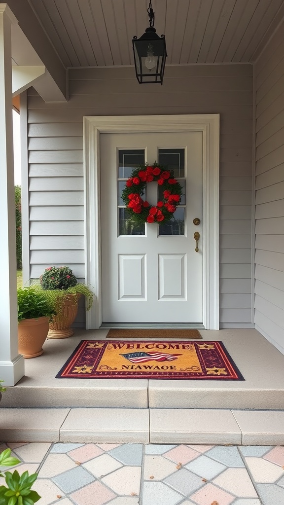 A welcoming porch with a patriotic themed door mat and a red flower wreath.