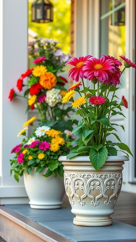 Colorful seasonal floral arrangements on a porch
