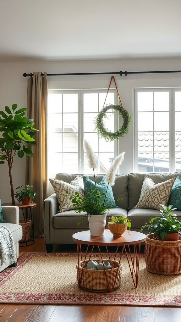 A cozy green living room with plants, a wreath, and soft furnishings.