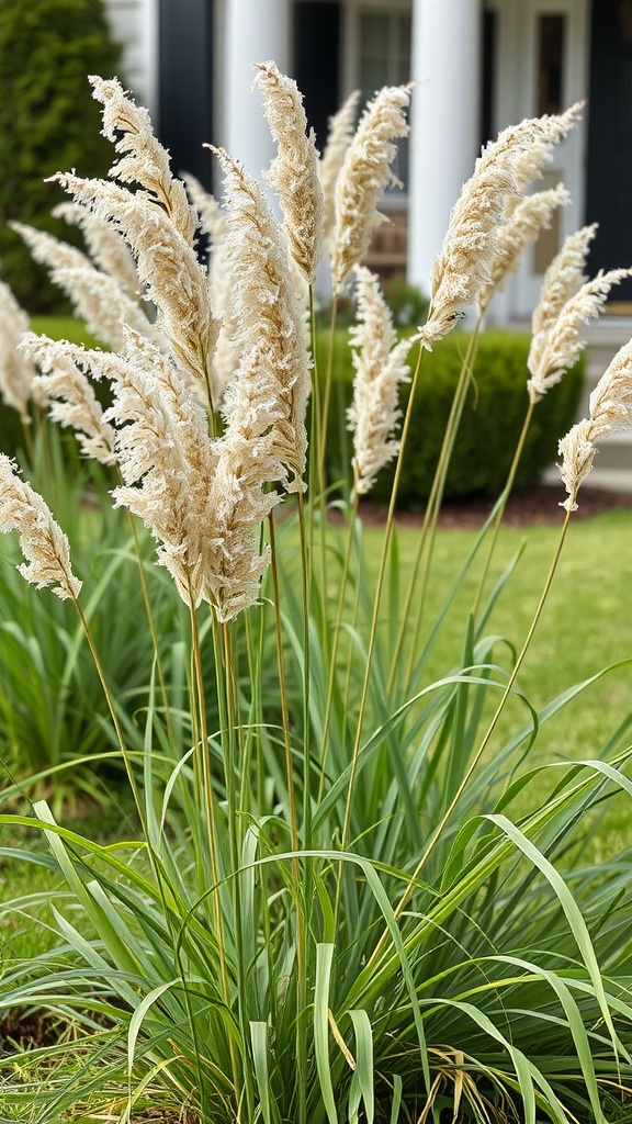 Close-up of ornamental grasses with fluffy plumes against a home backdrop.
