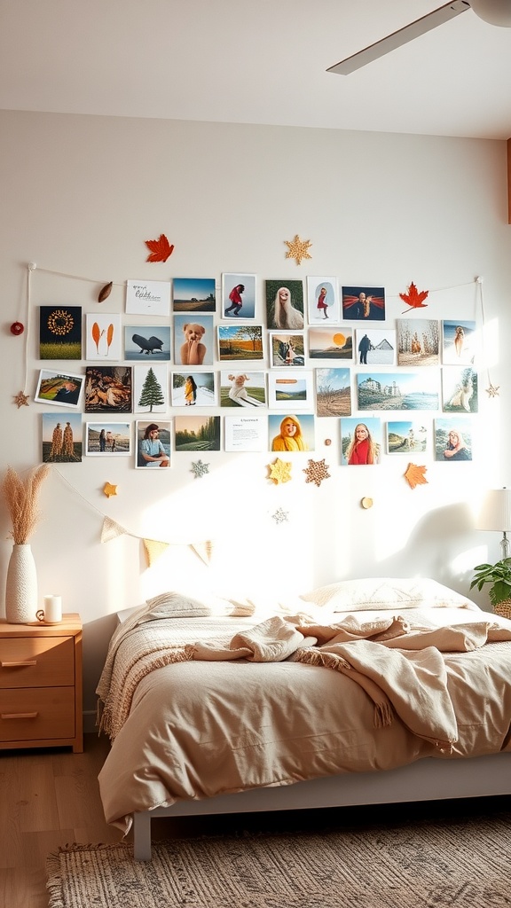A cozy bedroom with a seasonal picture wall featuring various photos and decorations.