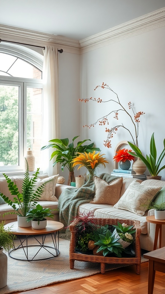 A bright living room with various plants, showcasing seasonal decor changes.