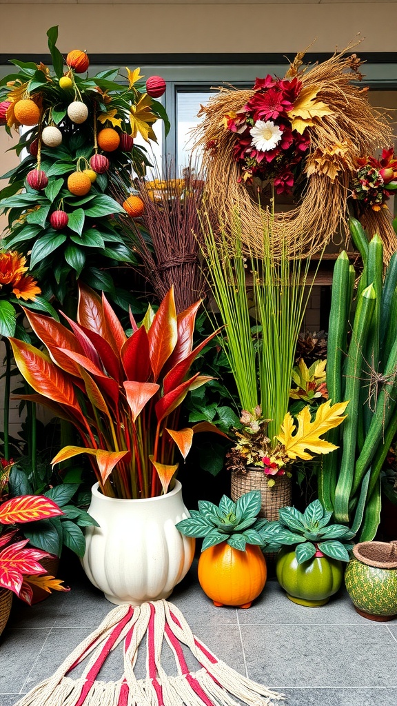 A vibrant indoor plant display featuring colorful leaves, decorative pumpkins, and a floral wreath, showcasing seasonal decor.