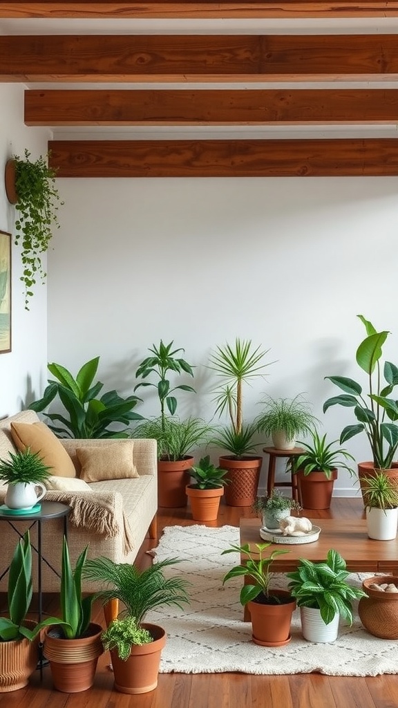 A cozy living room filled with various potted plants, showcasing a seasonal plant rotation.
