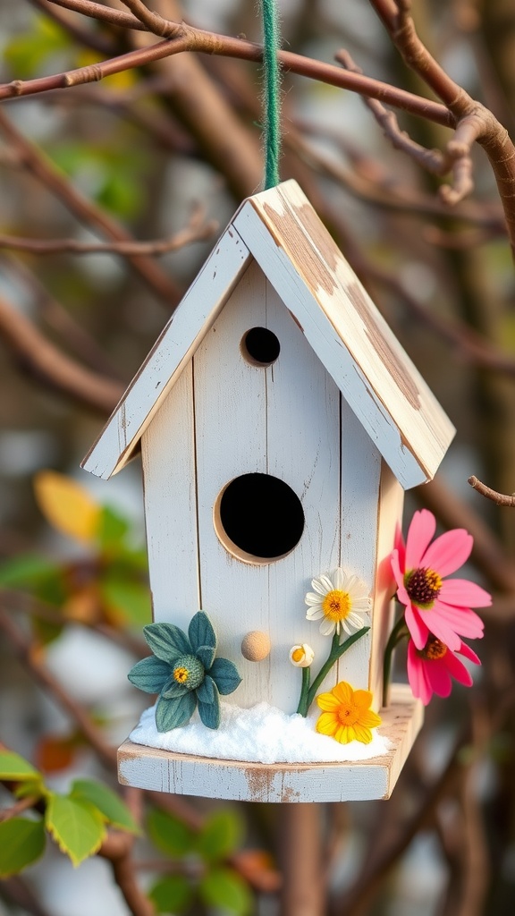 A seasonal themed birdhouse with flowers and a rustic finish
