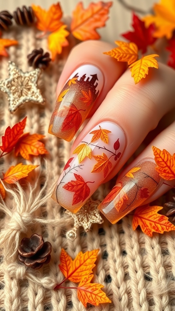 Acrylic nails with autumn leaves design on a knitted background