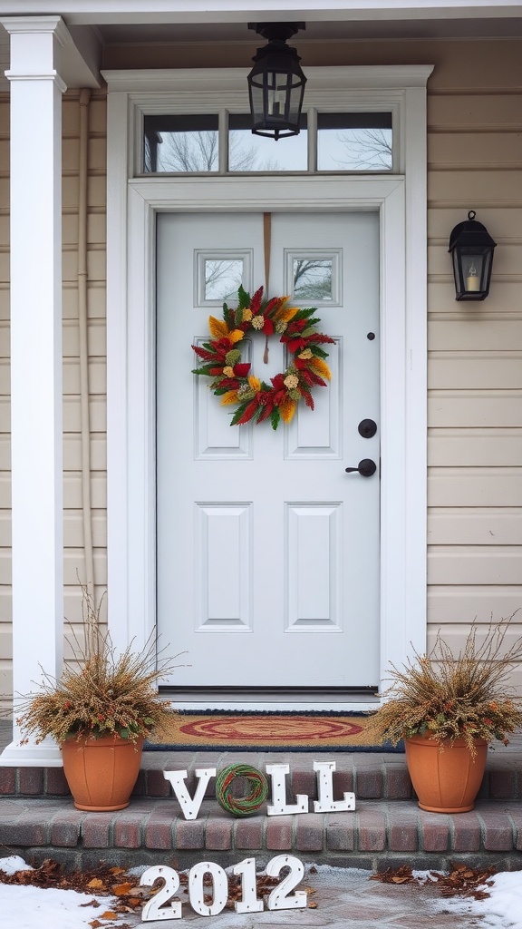 A small porch featuring a colorful autumn wreath on a white door, potted plants on either side, and decorative letters on the steps.