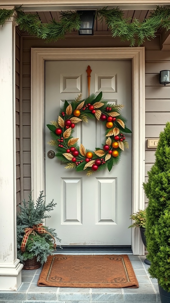 A beautifully decorated door with a colorful seasonal wreath and potted plants.