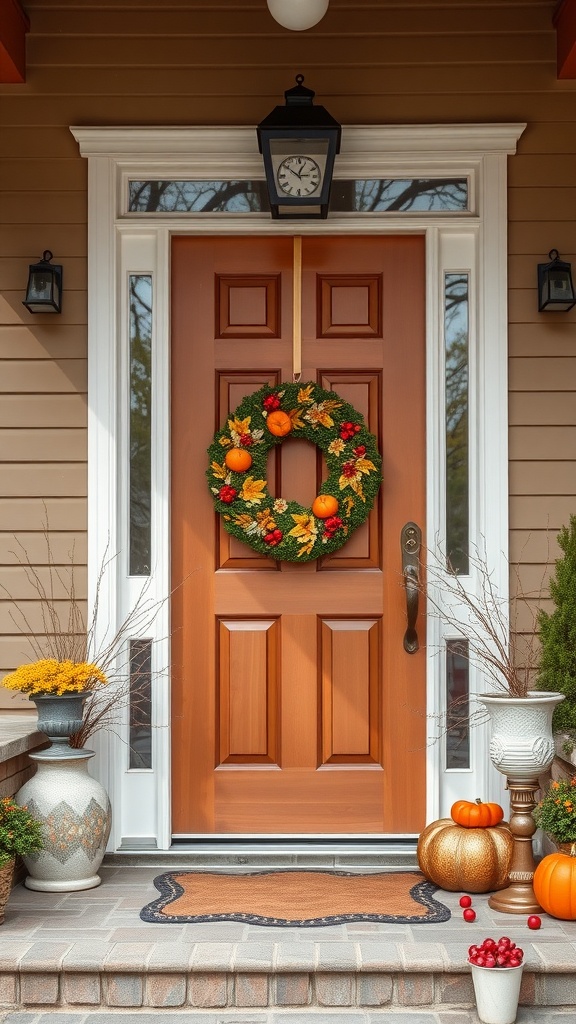 A seasonal wreath on a door with pumpkins and decorative pots on the porch.