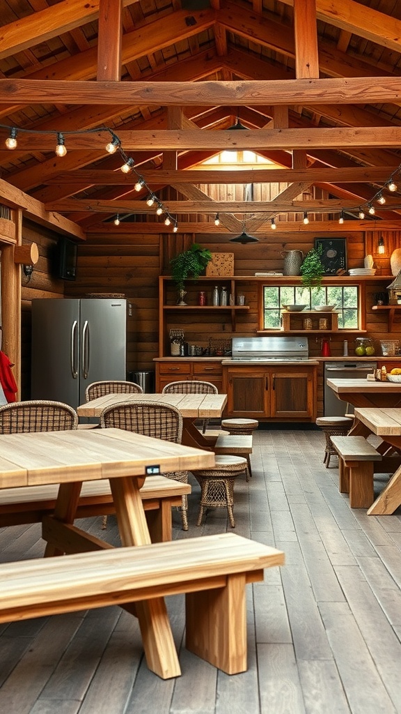Rustic outdoor kitchen with wooden seating arrangements and string lights