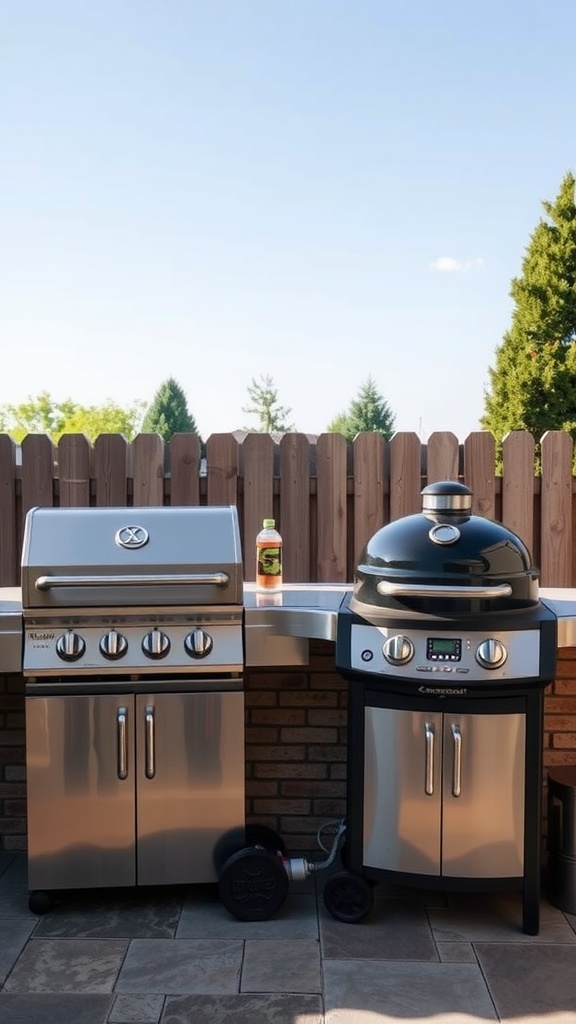 A sleek outdoor kitchen setup with a gas grill on the left and a charcoal grill on the right.