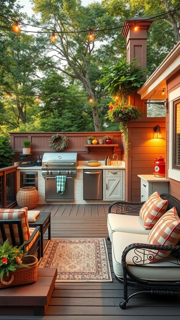 A cozy outdoor kitchen setup on a deck with comfortable seating, plants, and string lights.