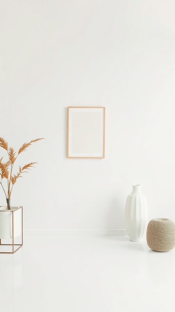 A minimalist room featuring a blank frame, a vase with dried flowers, a white textured vase, and a round pouf.