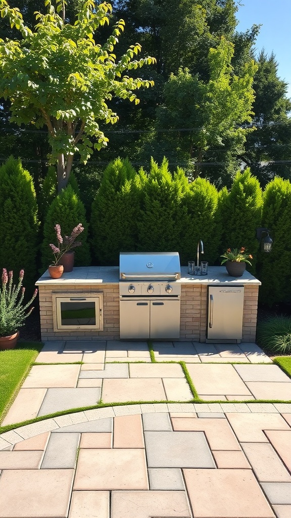 A modern outdoor kitchen setup with a grill, countertop, and storage, surrounded by greenery and a well-laid patio.