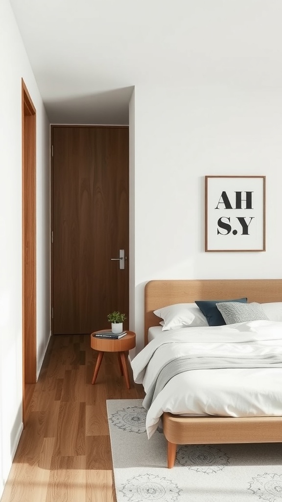 A narrow bedroom featuring a light wooden bed frame, round bedside table, and minimalist decor.