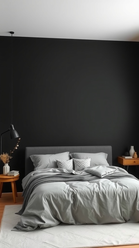 A serene bedroom featuring a black accent wall and gray bedding.