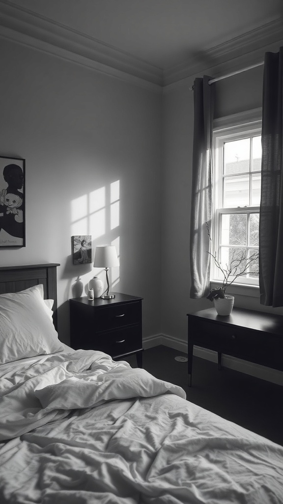 A serene black and white bedroom with crumpled white bedding, dark furniture, and natural light.