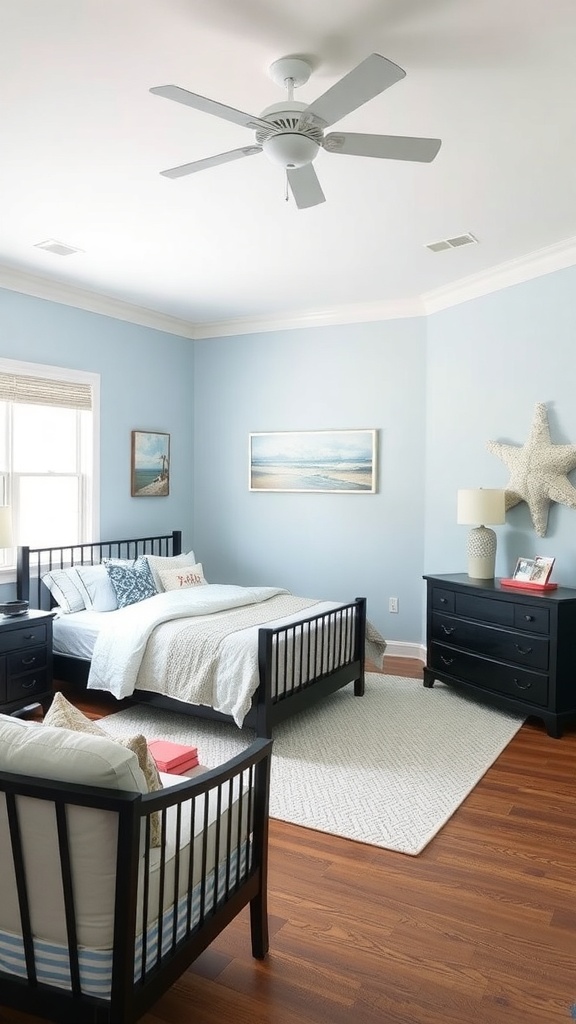 A serene coastal bedroom featuring blue walls, black furniture, and beach-themed decor.