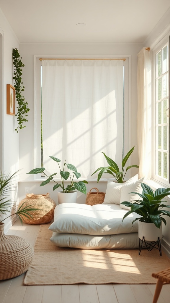 A cozy meditation corner in a sunroom with soft pillows, plants, and natural light.