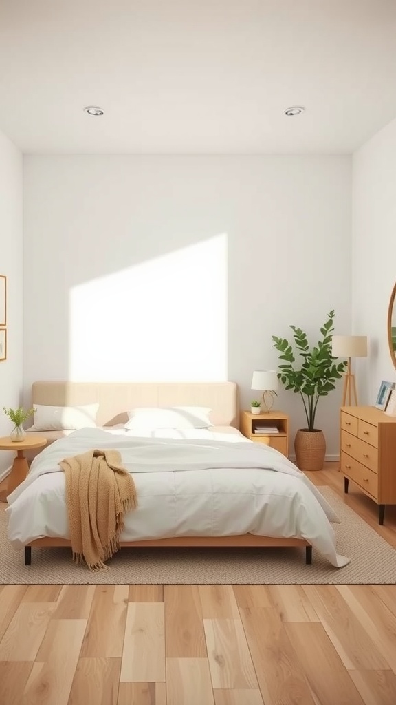 A serene beige aesthetic bedroom featuring minimalist furniture, a cozy bed with white bedding, a wooden nightstand with a plant, and light wood flooring.