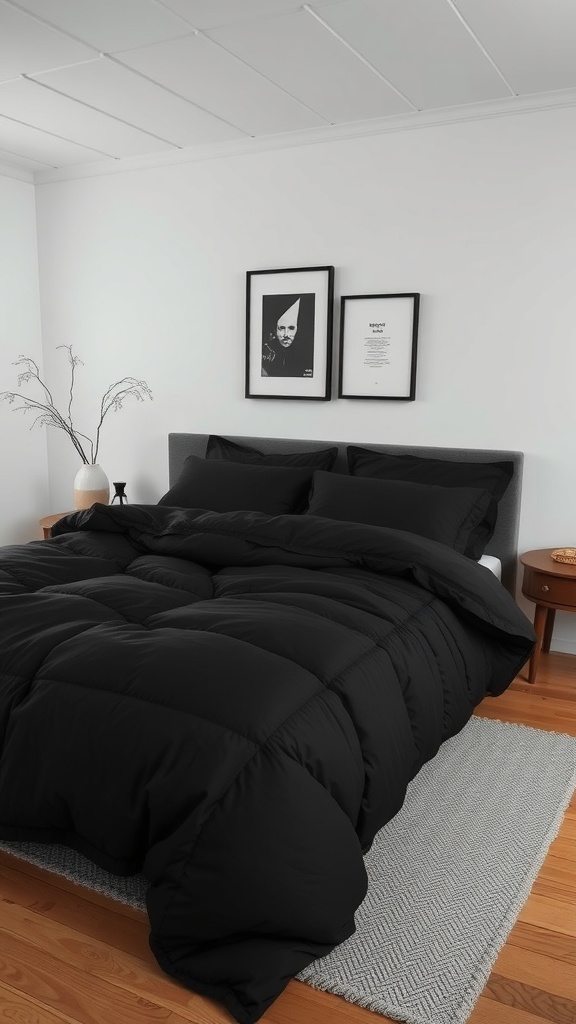 A cozy bedroom featuring a black comforter, minimalistic decor, and framed artwork on the wall.