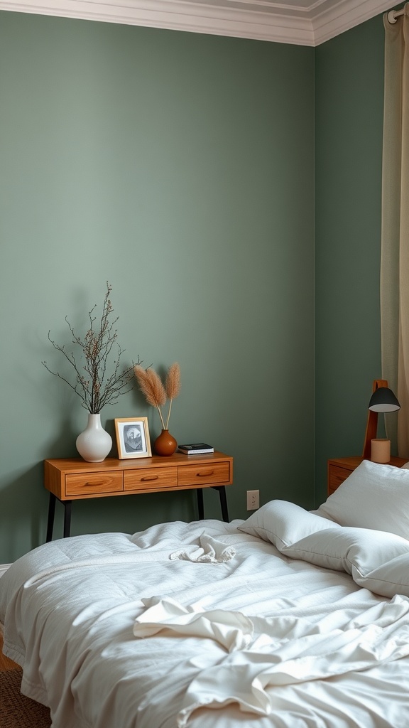 A serene bedroom featuring a sage green accent wall, wooden furniture, and soft bedding.