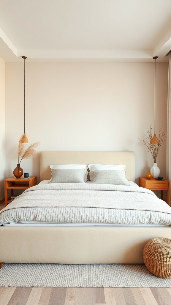 A serene and minimalist bedroom featuring a beige bedframe, soft linens, wooden nightstands, and gentle lighting.